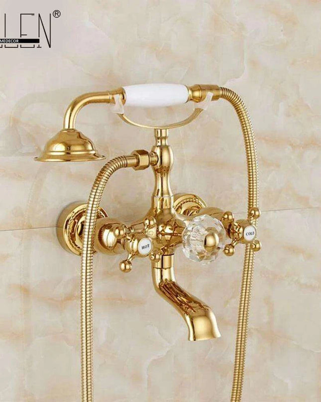 Luxurious Gold Brass Bathtub Faucet with Crystal Accents and Hand Shower