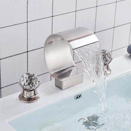Bright Golden Waterfall Basin Faucet Dual Cristal Handle Widespread Bathroom Sink Mixer Tap Deck Mounted Bathtub Mixers Crane bright-golden-waterfall-basin-faucet-dual-cristal-handle-widespread-bathroom-sink-mixer-tap-deck-mounted-bathtub-mixers-crane