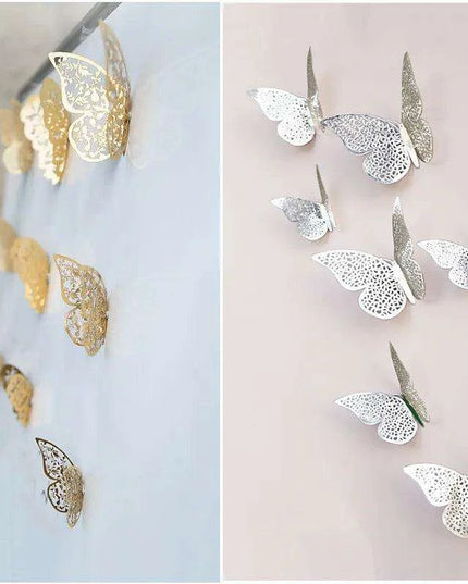 Set of 12 Elegant 3D Butterfly Wall Stickers - Self-Adhesive Decorative Accents in Gold and Silver for Home and Event Decor