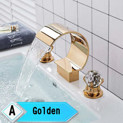 Bright Golden Waterfall Basin Faucet Dual Cristal Handle Widespread Bathroom Sink Mixer Tap Deck Mounted Bathtub Mixers Crane bright-golden-waterfall-basin-faucet-dual-cristal-handle-widespread-bathroom-sink-mixer-tap-deck-mounted-bathtub-mixers-crane