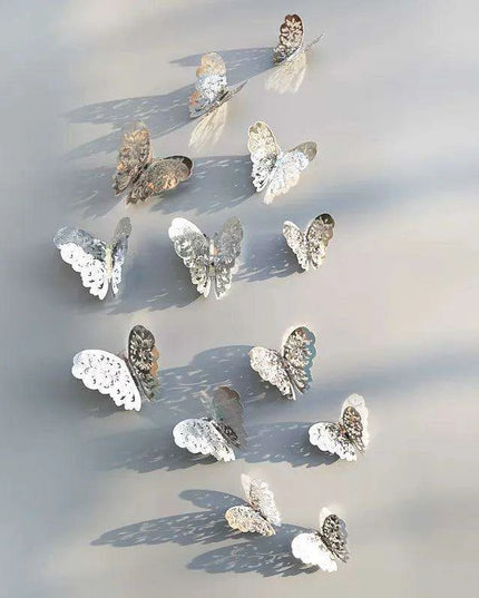 Set of 12 Elegant 3D Butterfly Wall Stickers - Self-Adhesive Decorative Accents in Gold and Silver for Home and Event Decor