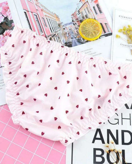 Charming Ruffled Satin Heart Print Panties for Women - Delightfully Cute Seamless Underwear