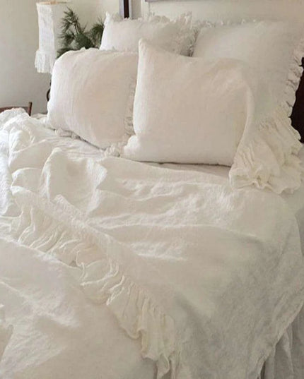 Ruffled White Washed Linen Duvet Cover - Luxurious French Flax Bedding for Queen and King Size Beds