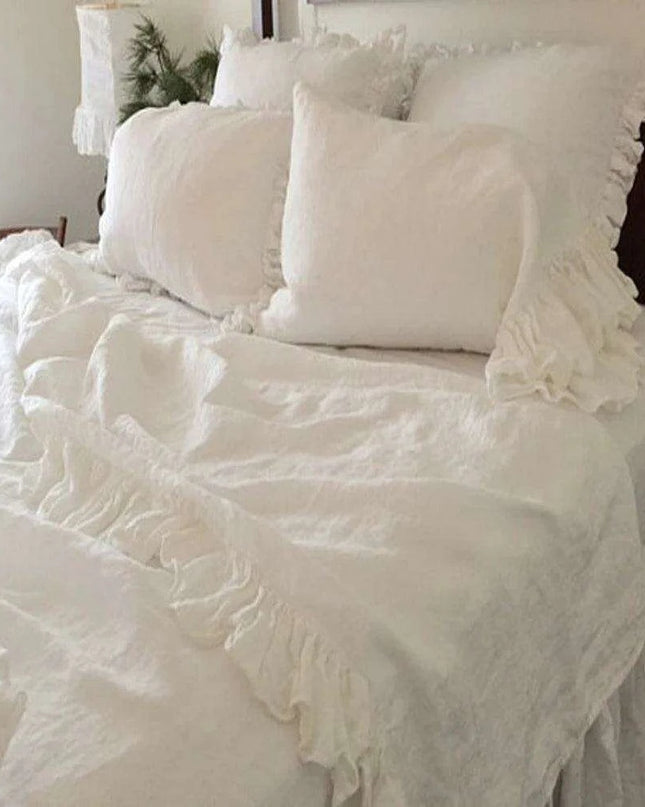 Ruffled White Washed Linen Duvet Cover - Luxurious French Flax Bedding for Queen and King Size Beds