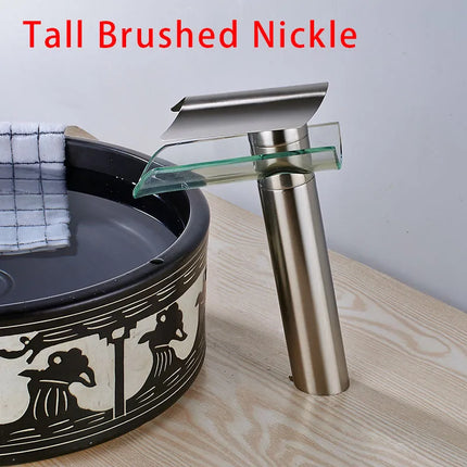Glass Waterfall Bathroom Faucet – Hot/Cold Mixer, Short/Tall O