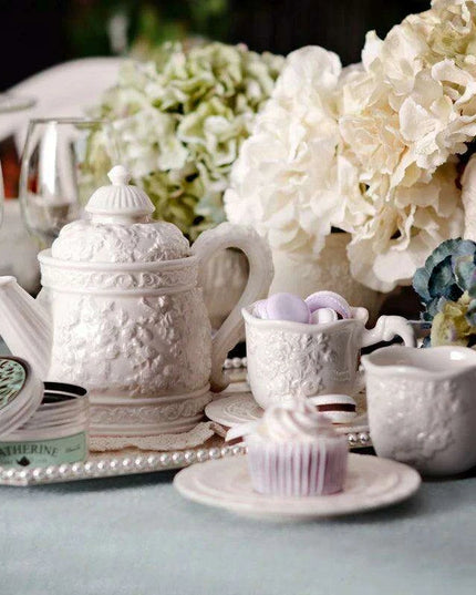 Sophisticated Rose-Embossed Ceramic Coffee Mug Set with Matching Plates and Bowls - Elevate Your Dining Experience