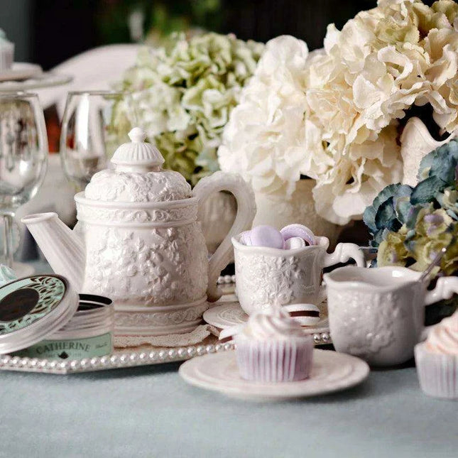 Sophisticated Rose-Embossed Ceramic Coffee Mug Set with Matching Plates and Bowls - Elevate Your Dining Experience
