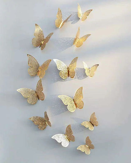 Set of 12 Elegant 3D Butterfly Wall Stickers - Self-Adhesive Decorative Accents in Gold and Silver for Home and Event Decor