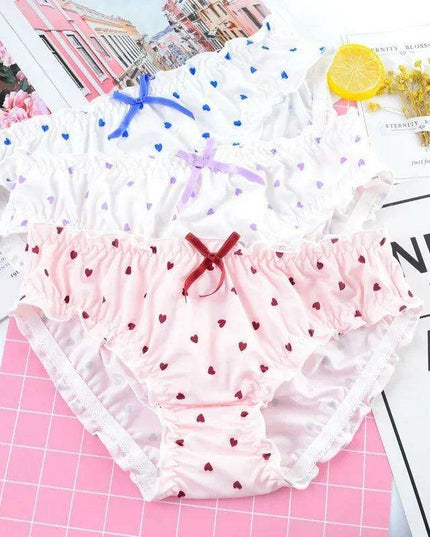 Charming Ruffled Satin Heart Print Panties for Women - Delightfully Cute Seamless Underwear
