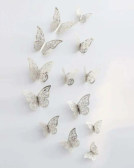Set of 12 Elegant 3D Butterfly Wall Stickers - Self-Adhesive Decorative Accents in Gold and Silver for Home and Event Decor