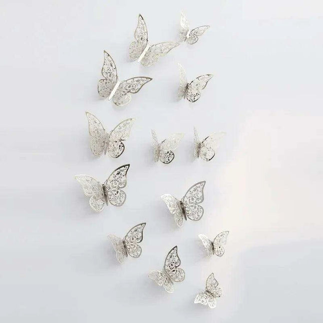 Set of 12 Elegant 3D Butterfly Wall Stickers - Self-Adhesive Decorative Accents in Gold and Silver for Home and Event Decor