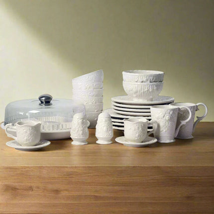 Sophisticated Rose-Embossed Ceramic Coffee Mug Set with Matching Plates and Bowls - Elevate Your Dining Experience