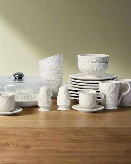 Sophisticated Rose-Embossed Ceramic Coffee Mug Set with Matching Plates and Bowls - Elevate Your Dining Experience