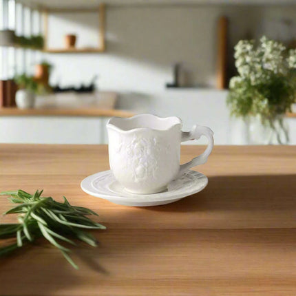 Sophisticated Rose-Embossed Ceramic Coffee Mug Set with Matching Plates and Bowls - Elevate Your Dining Experience