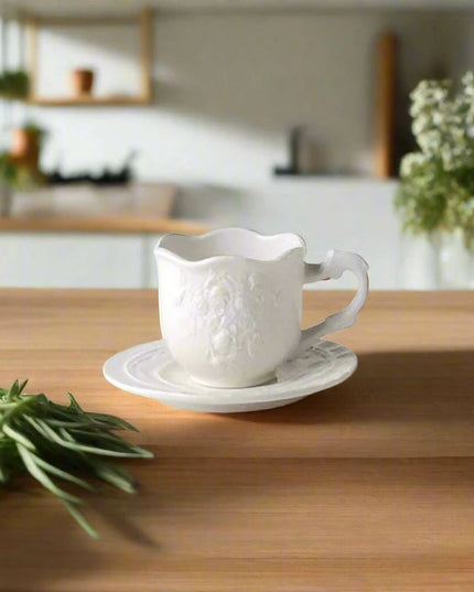 Sophisticated Rose-Embossed Ceramic Coffee Mug Set with Matching Plates and Bowls - Elevate Your Dining Experience