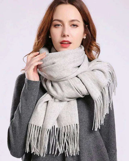 Elegant Beige Wool Scarf with Trendy Tassels - A Must-Have Accessory for Stylish Women