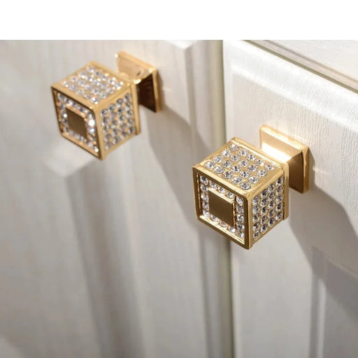Diamond Crystal Drawer Pull Handles Set with Gold Finish and Czech Crystal Accents