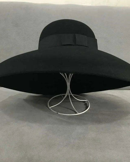 Elegant Black Felt Wide Brim Floppy Hat with Satin Ribbon - Perfect for Winter Celebrations and Chic Events