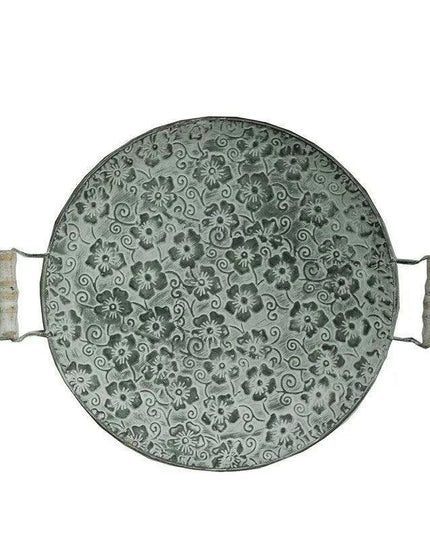 Antique-Style Round Metal Serving Tray with Rustic Wooden Handles for Cakes and Breads