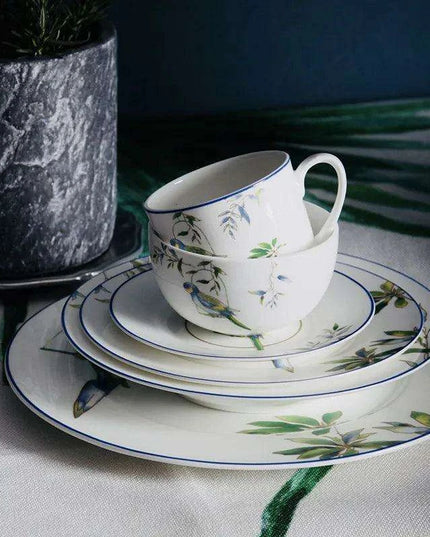 Colorful Parrot-Themed Porcelain Dining Collection: Bowl, Cup, Saucer, and Serving Tray