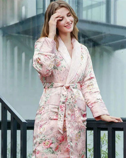 Elegant Winter Silk Robe: Stylish Long-Sleeved Printed Loungewear for Cozy Comfort