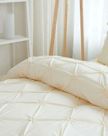 Beige Handmade Pleated Princess Quilt Set with Ruffles - 100% Cotton Luxury Bedding