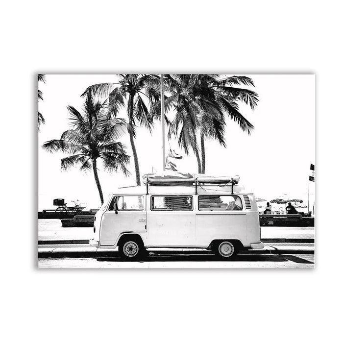 Retro Coastal Van and Palm Tree Canvas Art Print - Vintage Beach Scene Wall Decor
