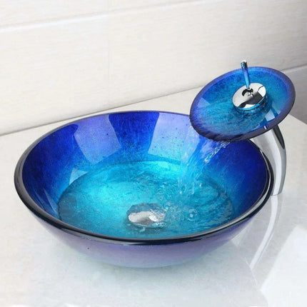 Elegant Blue Glass Round Vessel Sink and Chrome Faucet Set with Pop-Up Drain Kit