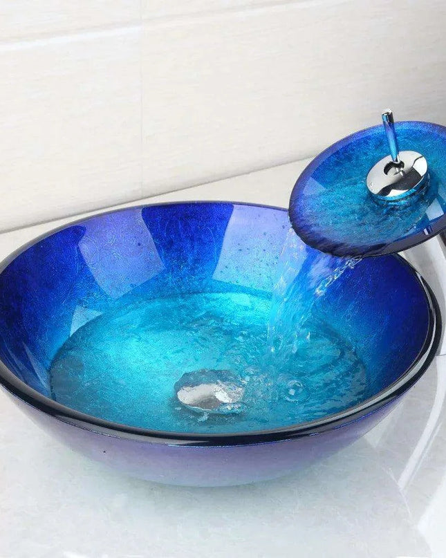Elegant Blue Glass Round Vessel Sink and Chrome Faucet Set with Pop-Up Drain Kit