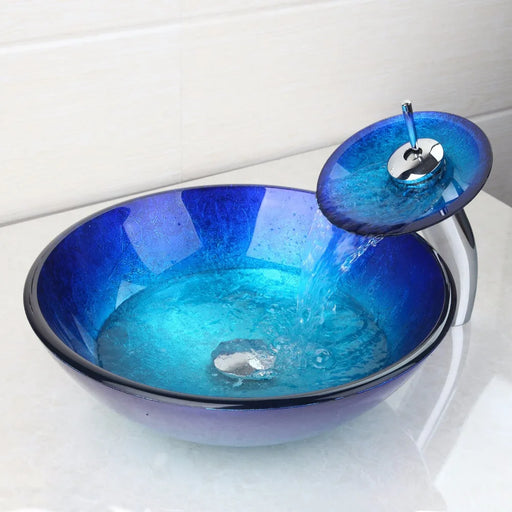 Blue Glass Bathroom Sink Faucet Combo Set with Pop-Up Drain Kit