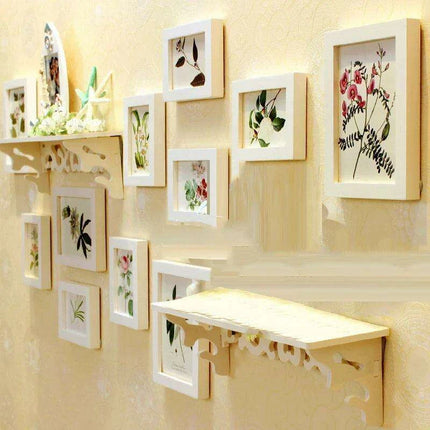 Elegant 13-Piece White Wood Carved Photo Frame Collection with Shelf Accents