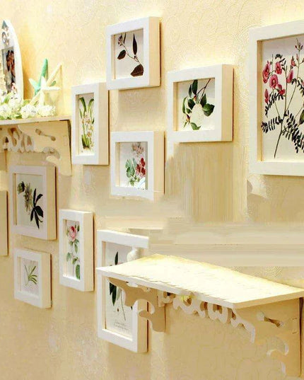 Elegant 13-Piece White Wood Carved Photo Frame Collection with Shelf Accents