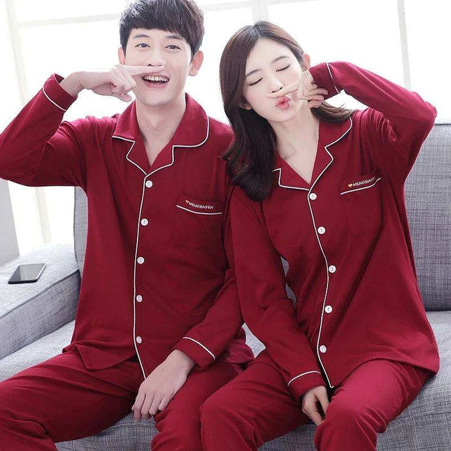 Cozy Autumn Couples Cotton Pajama Set - Stylish Long-sleeve Sleepwear for Him and Her