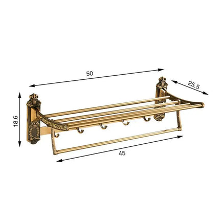 Foldable Antique Brass Towel Rack | Double Shelf with Hooks
