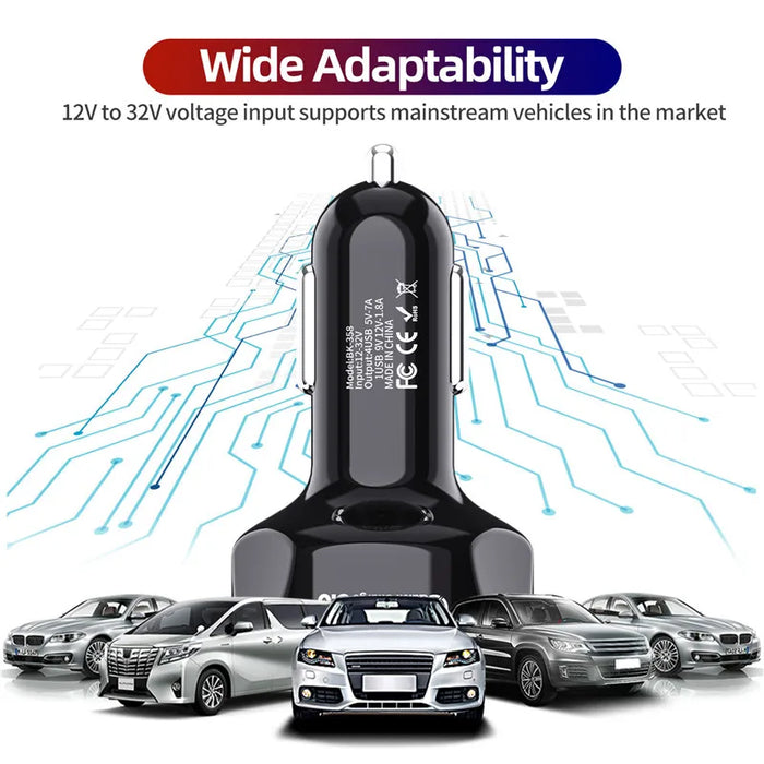 4-Port USB Car Charger with 48W Dual Fast Charging for iPhone, Xiaomi, Huawei - Efficient Charging on the Go