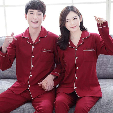 Cozy Autumn Couples Cotton Pajama Set - Stylish Long-sleeve Sleepwear for Him and Her