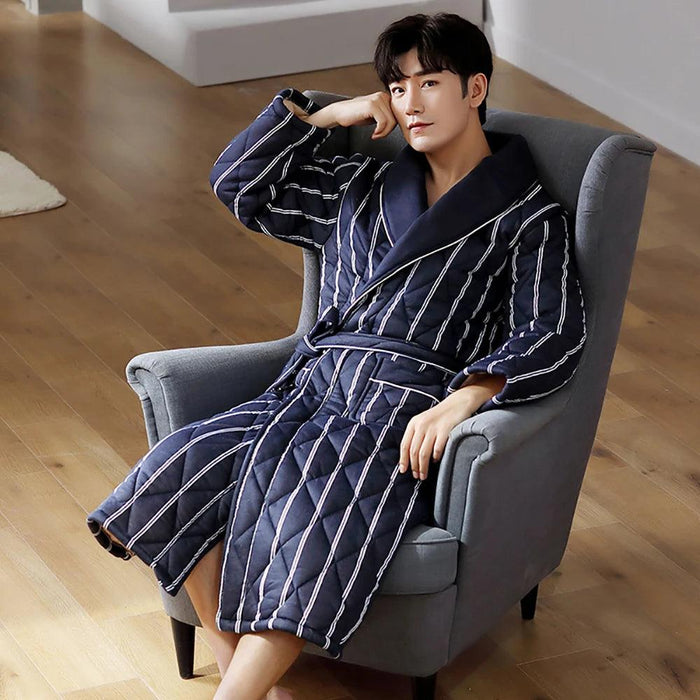 Stylish Men's Plaid Robe – Cozy Autumn & Winter Long Bathrobe in Soft Cotton, Breathable