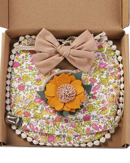 Chic Floral Baby Care Set: Bib, Headband, and Silicone Pacifier Clip in Festive Gift Box