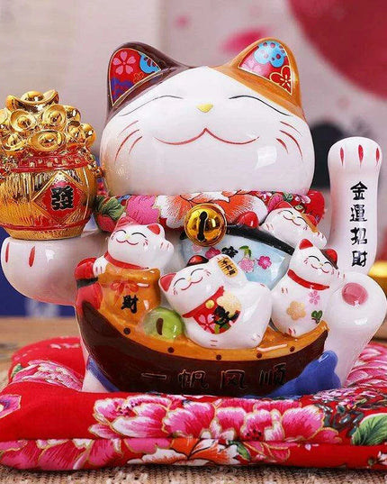 Ceramic 7.5-Inch Maneki Neko Cat Figurine with Swinging Arm for Attracting Abundance and Good Fortune