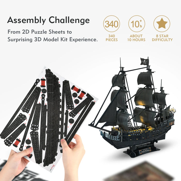 Luxurious Queen Anne Revenge Pirate Ship 3D Puzzle Set with Illuminating LED Lights