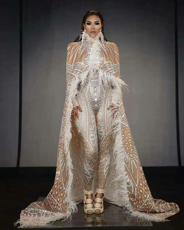 Dazzling Feathered Performance Outfit: Custom 3D Printed Jumpsuit with Stretch Bodysuit