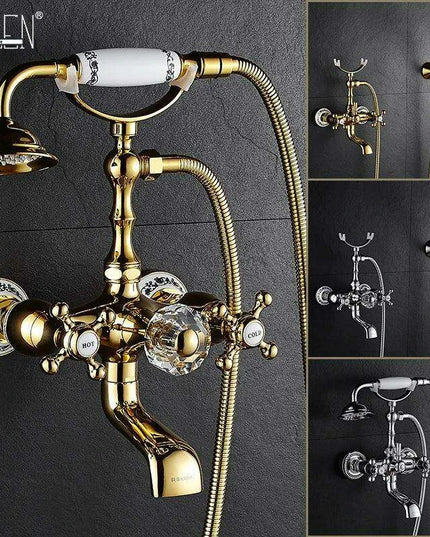 Luxurious Gold Brass Bathtub Faucet with Crystal Accents and Hand Shower