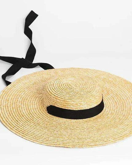Stylish Wide Brim Straw Hat with Ribbon Tie for Women - 15cm Beach Cap in White and Black