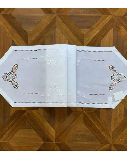 Elegant Camellia Embroidered Hemstitch Table Runner: Luxurious White Floral Design