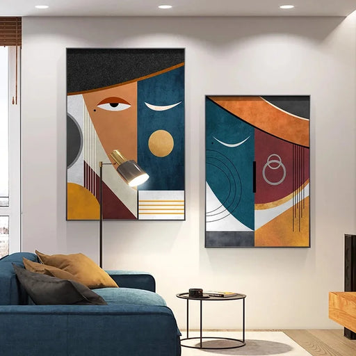 Contemporary Abstract Canvas Wall Art for Home Decor - Geometric Faces Poster Print