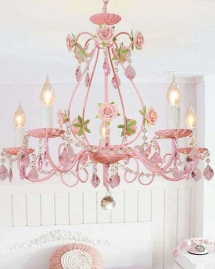 Chic Pink Crystal Pendant Light - Modern Iron Chandelier for Stylish Girls' Bedrooms and Living Areas with E14 LED Compatibility