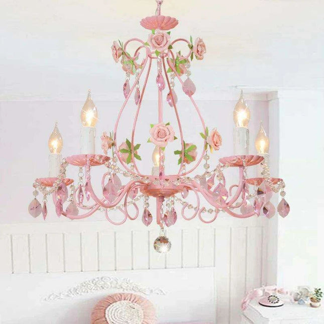Chic Pink Crystal Pendant Light - Modern Iron Chandelier for Stylish Girls' Bedrooms and Living Areas with E14 LED Compatibility