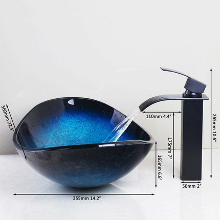 Luxurious Hand-Painted Glass Waterfall Basin Faucet Set in Stunning Blue