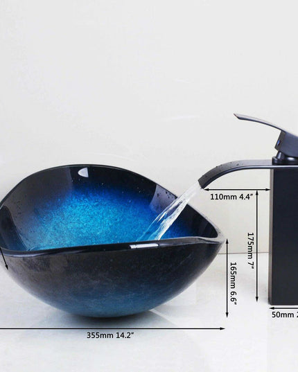 Luxurious Hand-Painted Glass Waterfall Basin Faucet Set in Stunning Blue