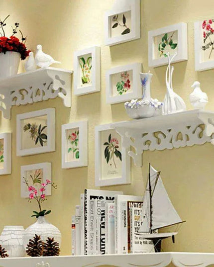 Elegant 13-Piece White Wood Carved Photo Frame Collection with Shelf Accents